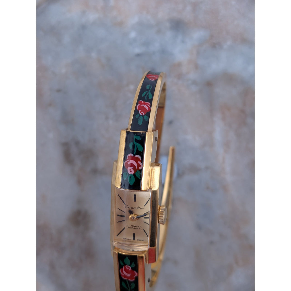 Vintage Chandler MANUAL Gold Tone Peekaboo Watch Black Enamel Red Flowers Dainty