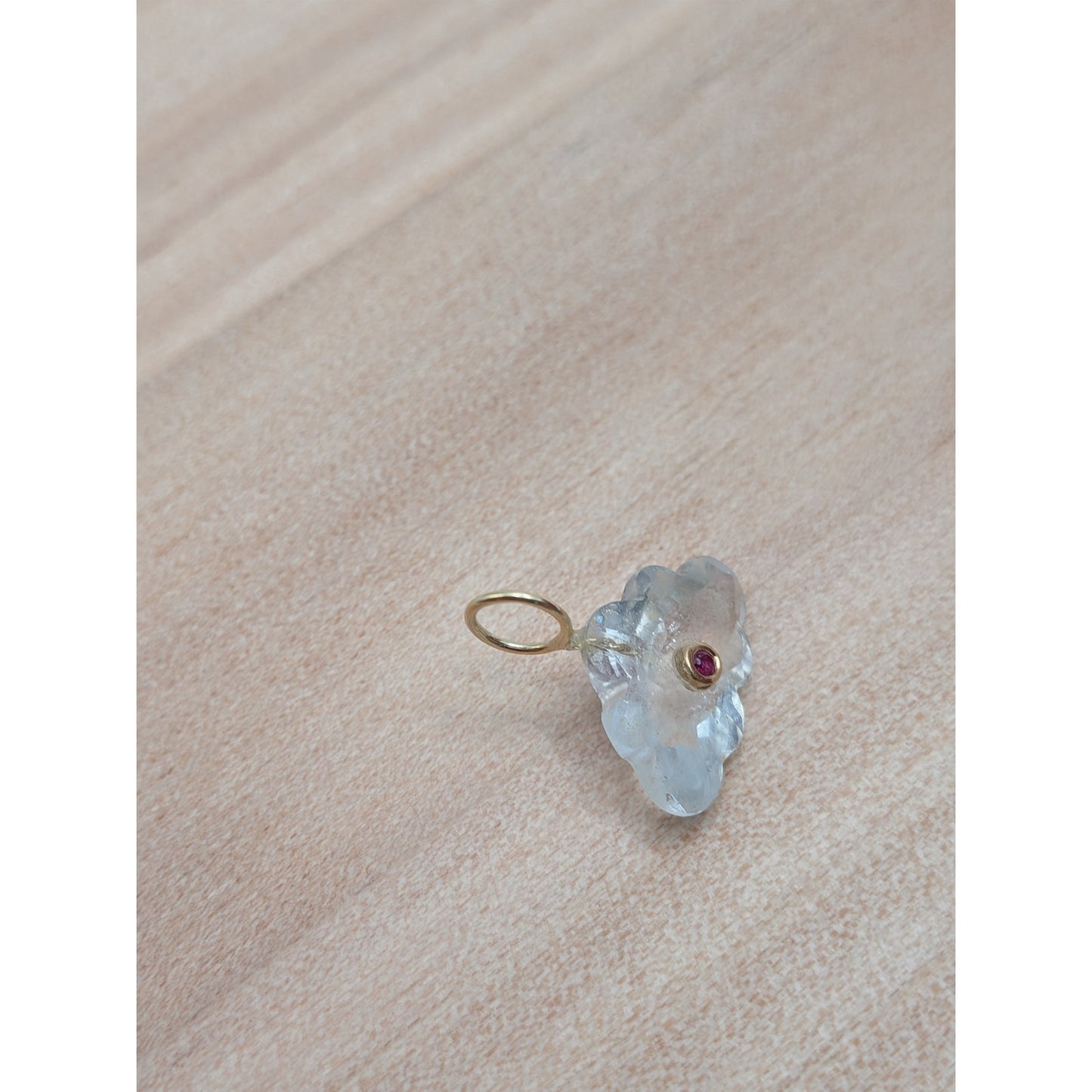 14K Gold Blue Topaz Cloud Pendant Natural Ruby Inlay Carved Gemstone