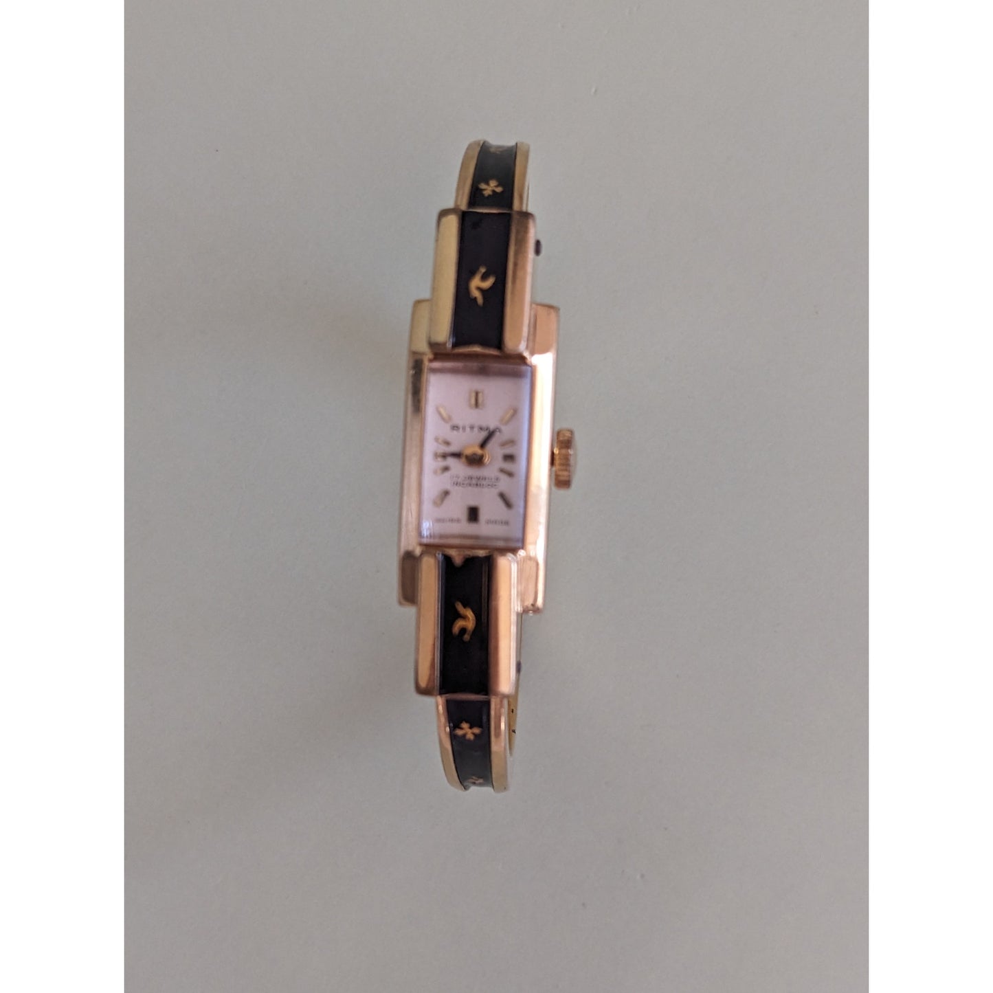 Vintage Ritma Manual Gold Tone Bangle Watch Black Enamel and Birds