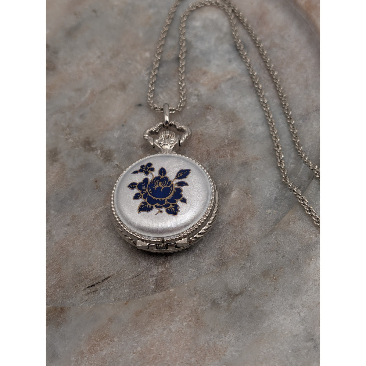 Vintage Andre Mouche Silver Tone Pendant Watch Necklace Grey Enamel Blue Flowers
