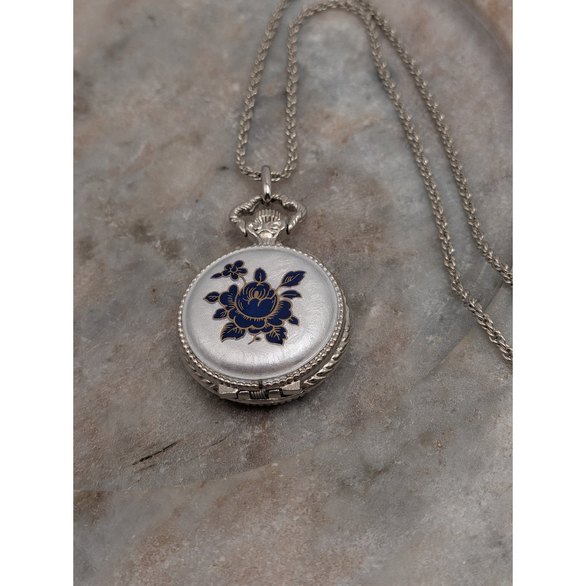 Vintage Andre Mouche Silver Tone Pendant Watch Necklace Grey Enamel Blue Flowers