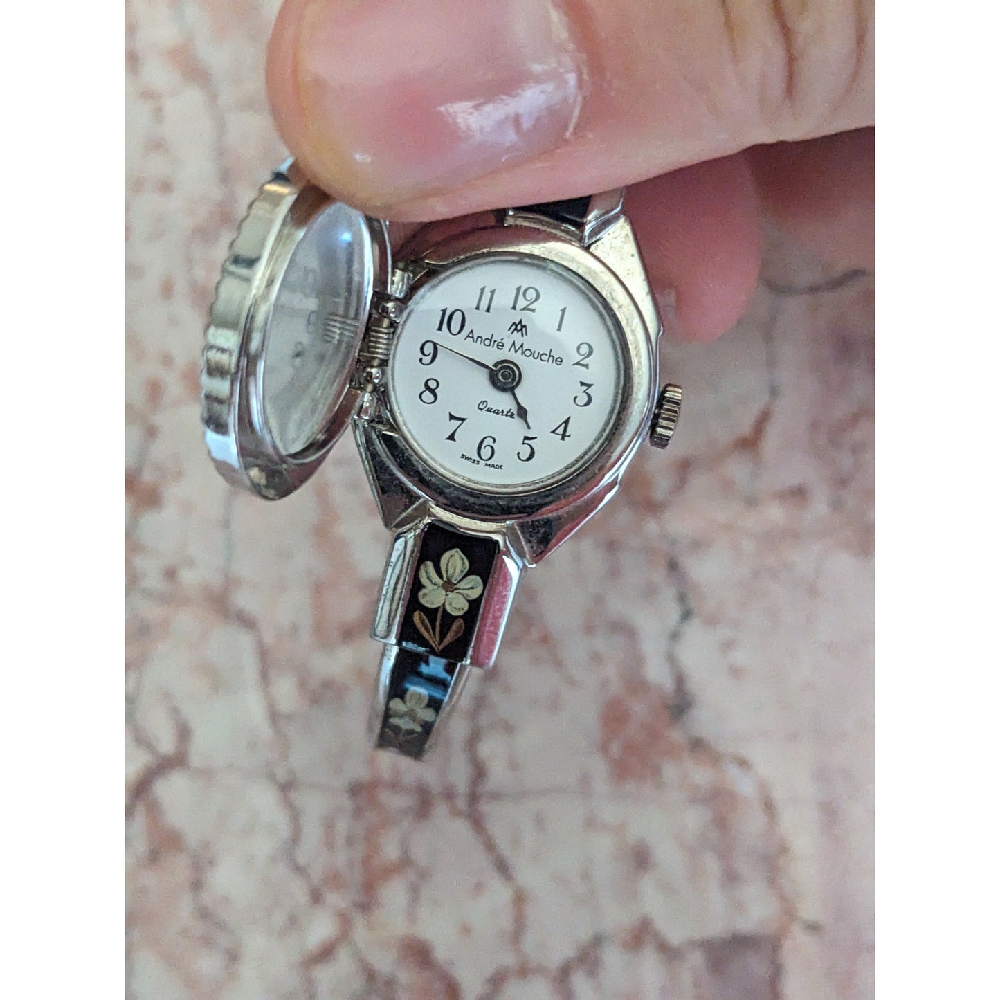 Vintage Andre Mouche Silver Tone Bangle Watch Black Enamel Cream Flowers
