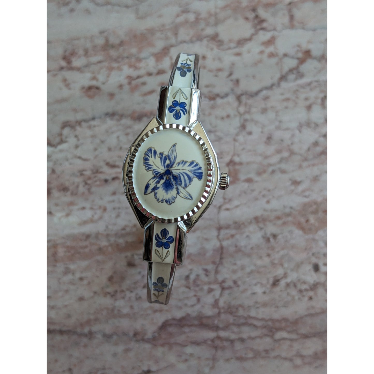 Vintage Andre Mouche Silver Tone Bangle Watch White Enamel Blue Florals