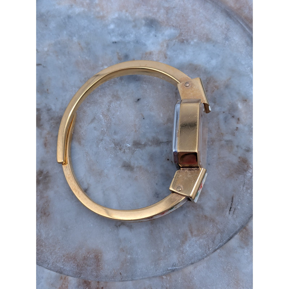 Vintage Ritma MANUAL Gold Tone Bangle Watch White Enamel & Flowers Square Dial