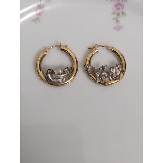 Vintage 14k Gold and 925 Silver Noah's Ark Hoop Earrings