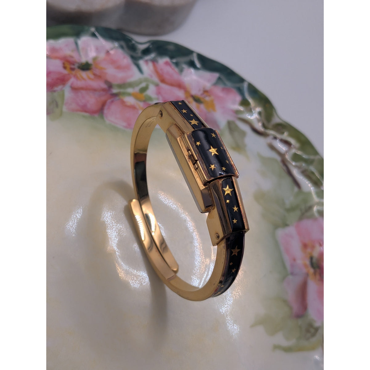 FLAW Vintage Bucherer Gold Peekaboo Watch Black Enamel Gold Stars POOR CONDITION