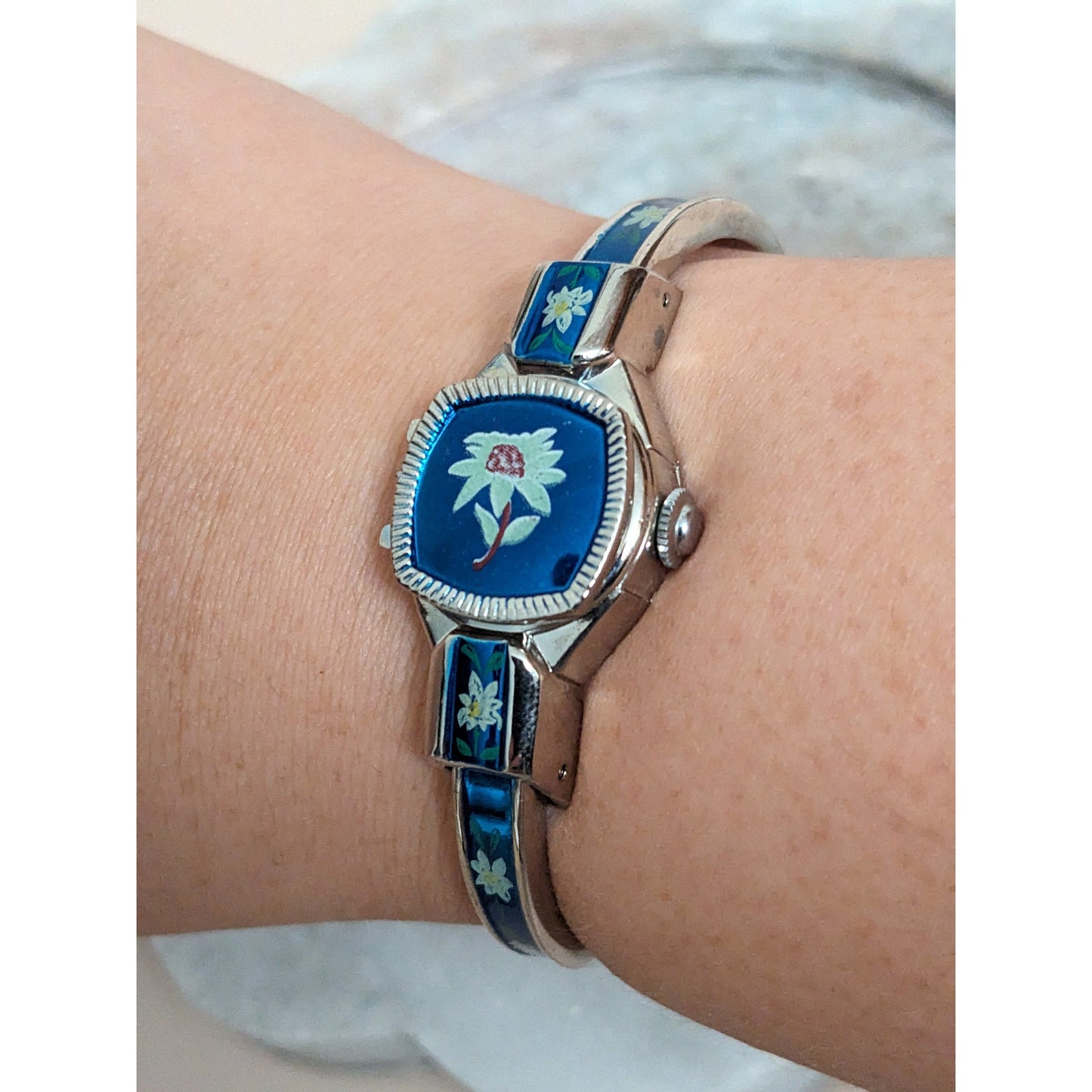 Vintage Andre Mouche Silver Tone Bangle Watch with Blue Floral Enamel Working
