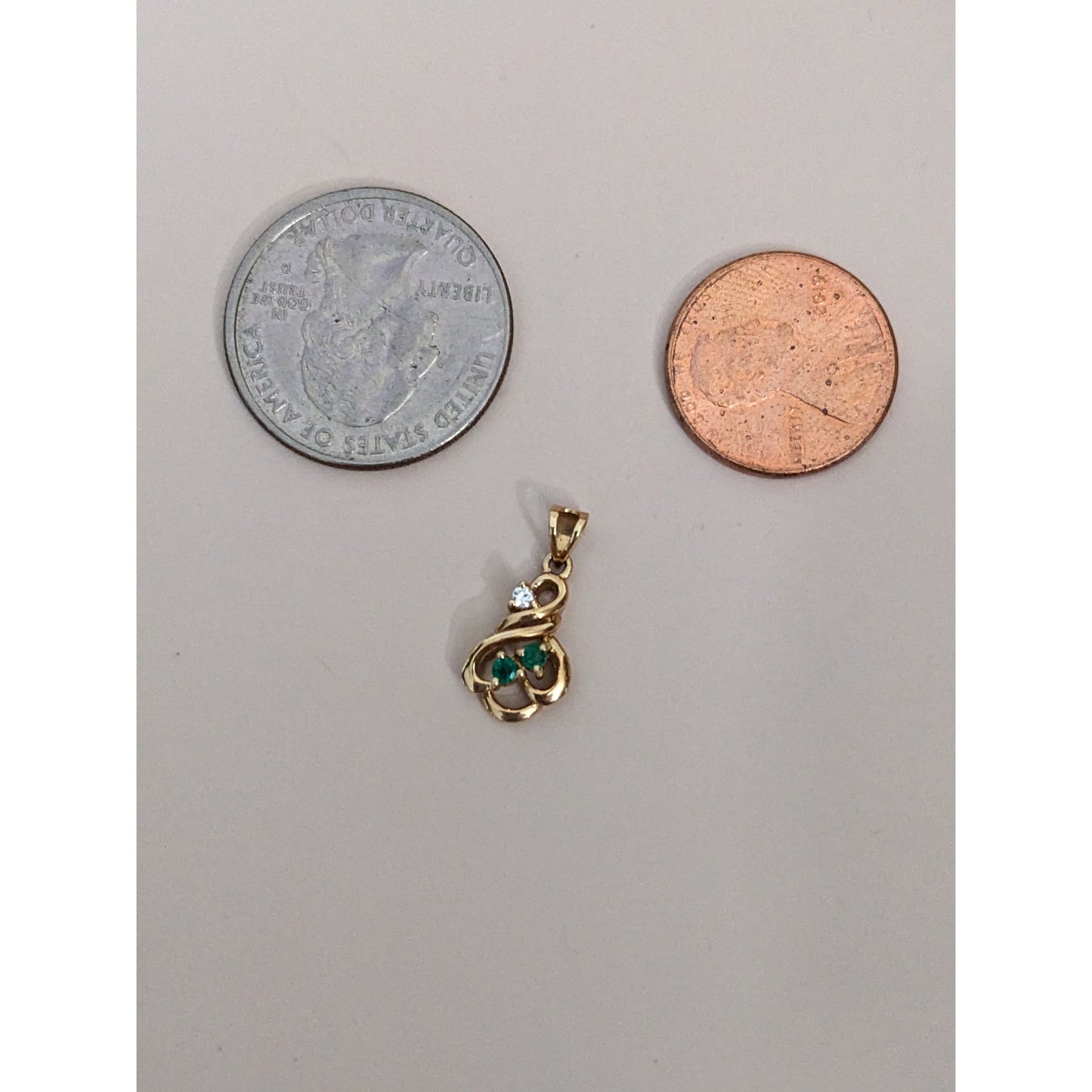 Estate 14k Yellow Gold Mini Dainty Pendant with Green and White Gems