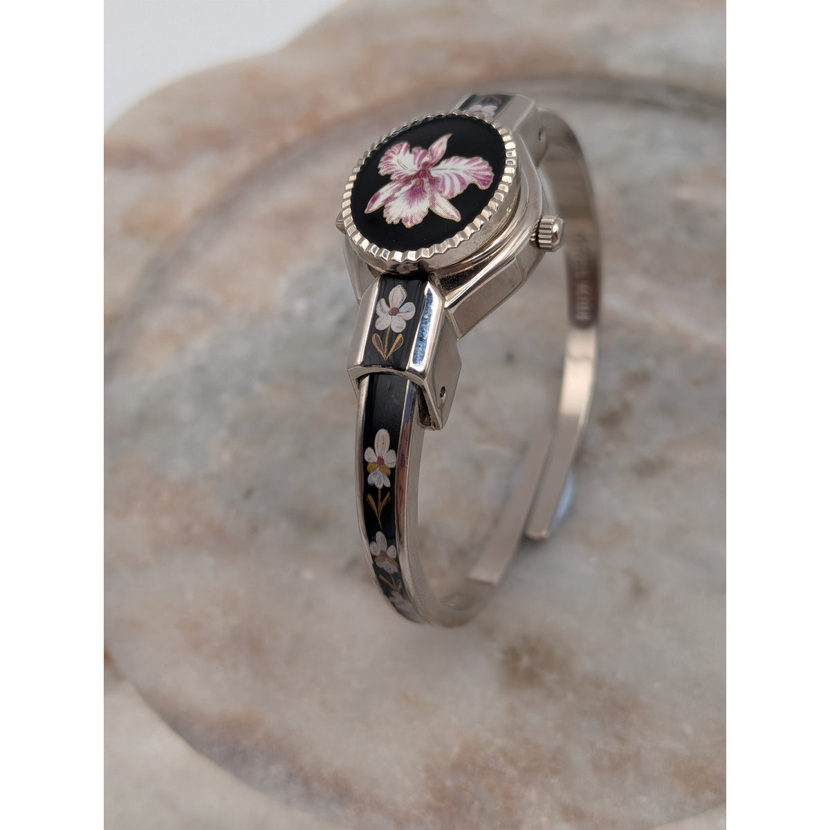 Vintage Andre Mouche Silver Tone Peekaboo Watch Black Enamel Purple Flower