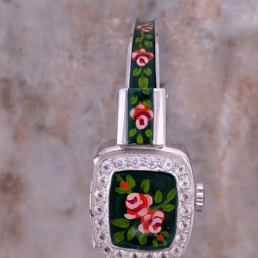 Vintage Chandler MANUAL Silver Tone Peekaboo Watch Dark Green Enamel & Flowers
