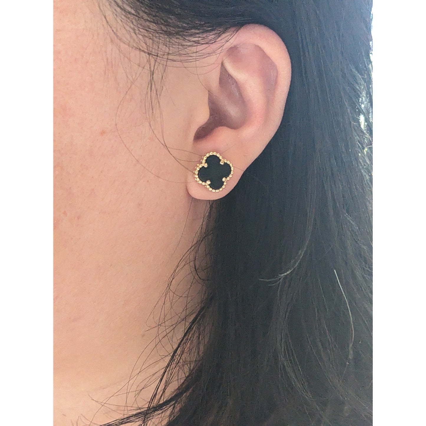 Estate 14k Yellow Gold Black Onyx Clover Shaped Stud Earrings