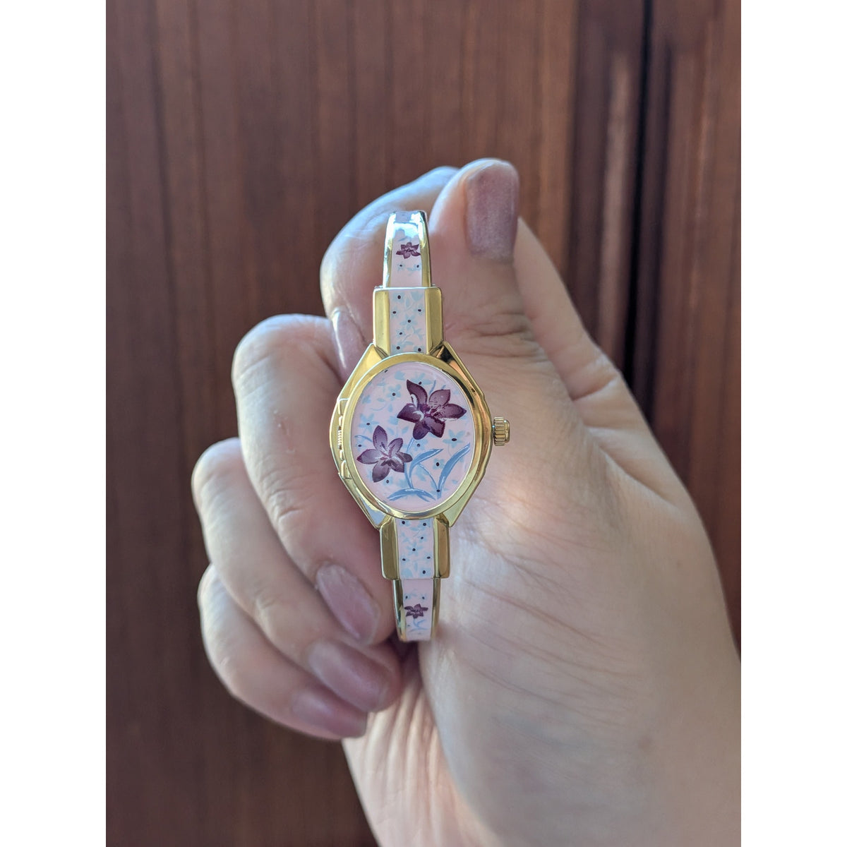 Preowned Andre Mouche Gold Tone Peekaboo Watch Pink Enamel Purple Flowers