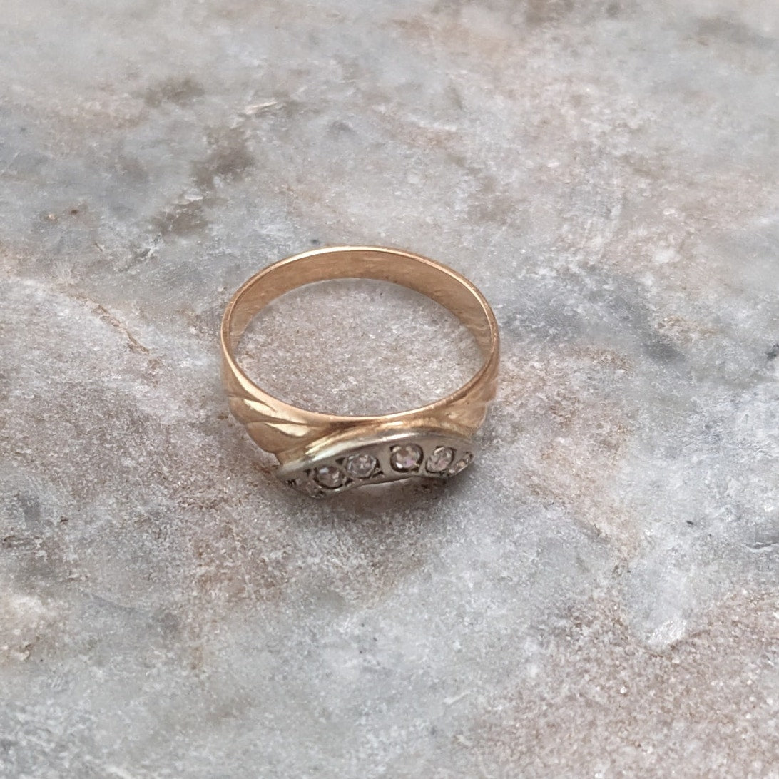 Vintage 1990s 14k Gold Half Circle White Stone Accents Ring Size 6.75