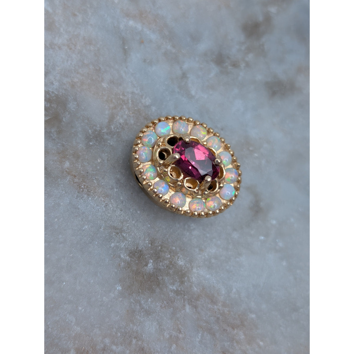 Vintage Old Victoria 14k Gold Bracelet Slide Charm Pink Center & Opals