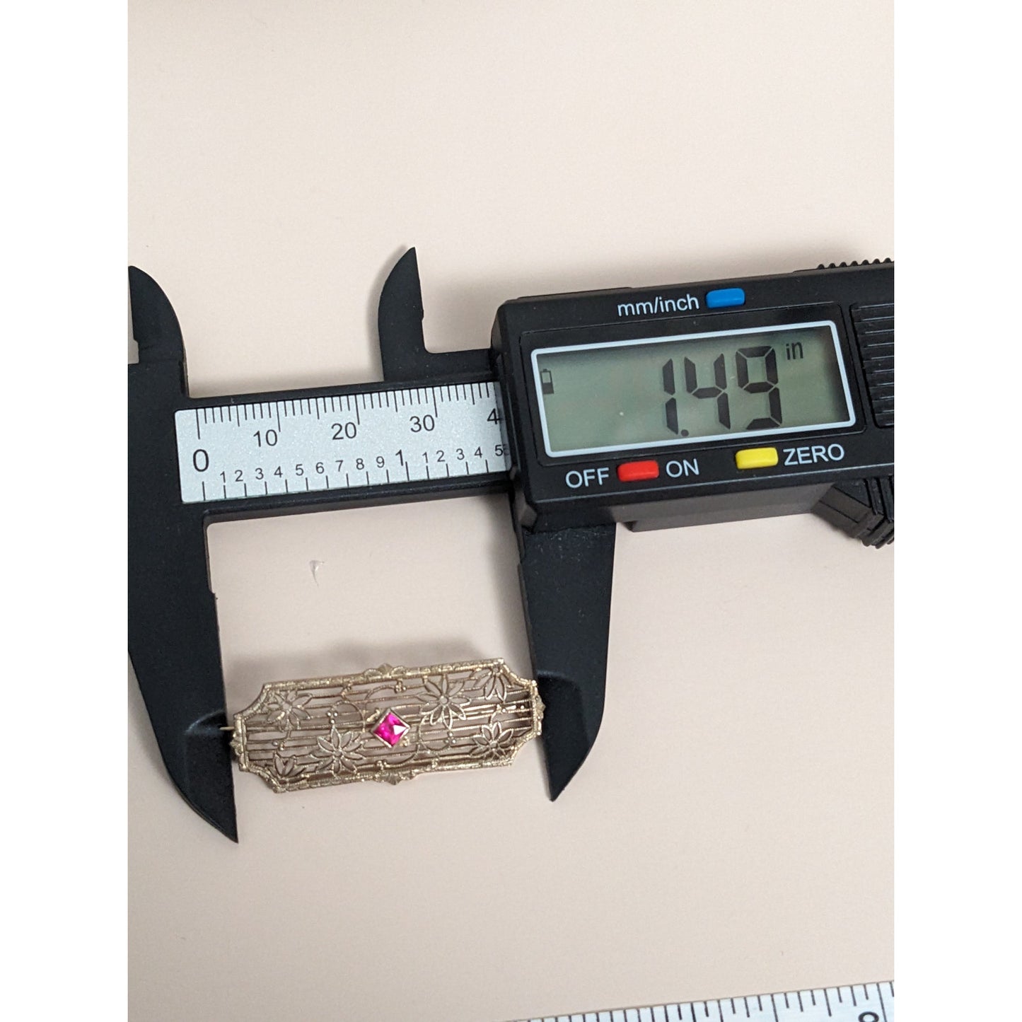 Art Deco 10k White Gold Pink Gem with Floral Filigree Design Brooch