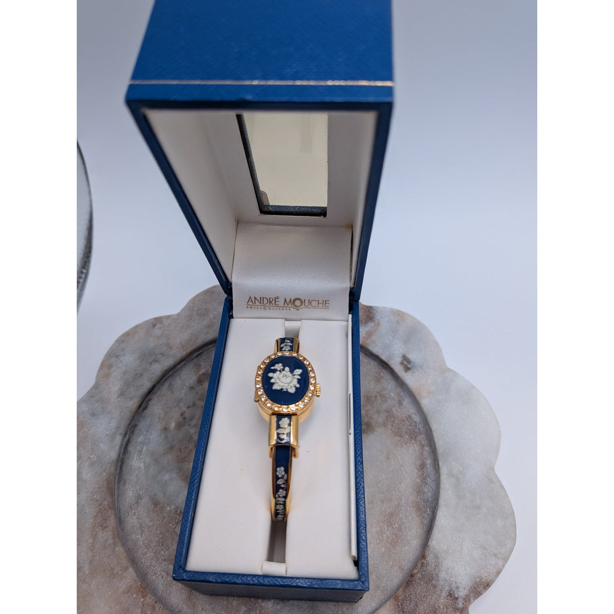 Vintage Andre Mouche Gold Tone Peekaboo Watch Blue Enamel White Flowers & Stones