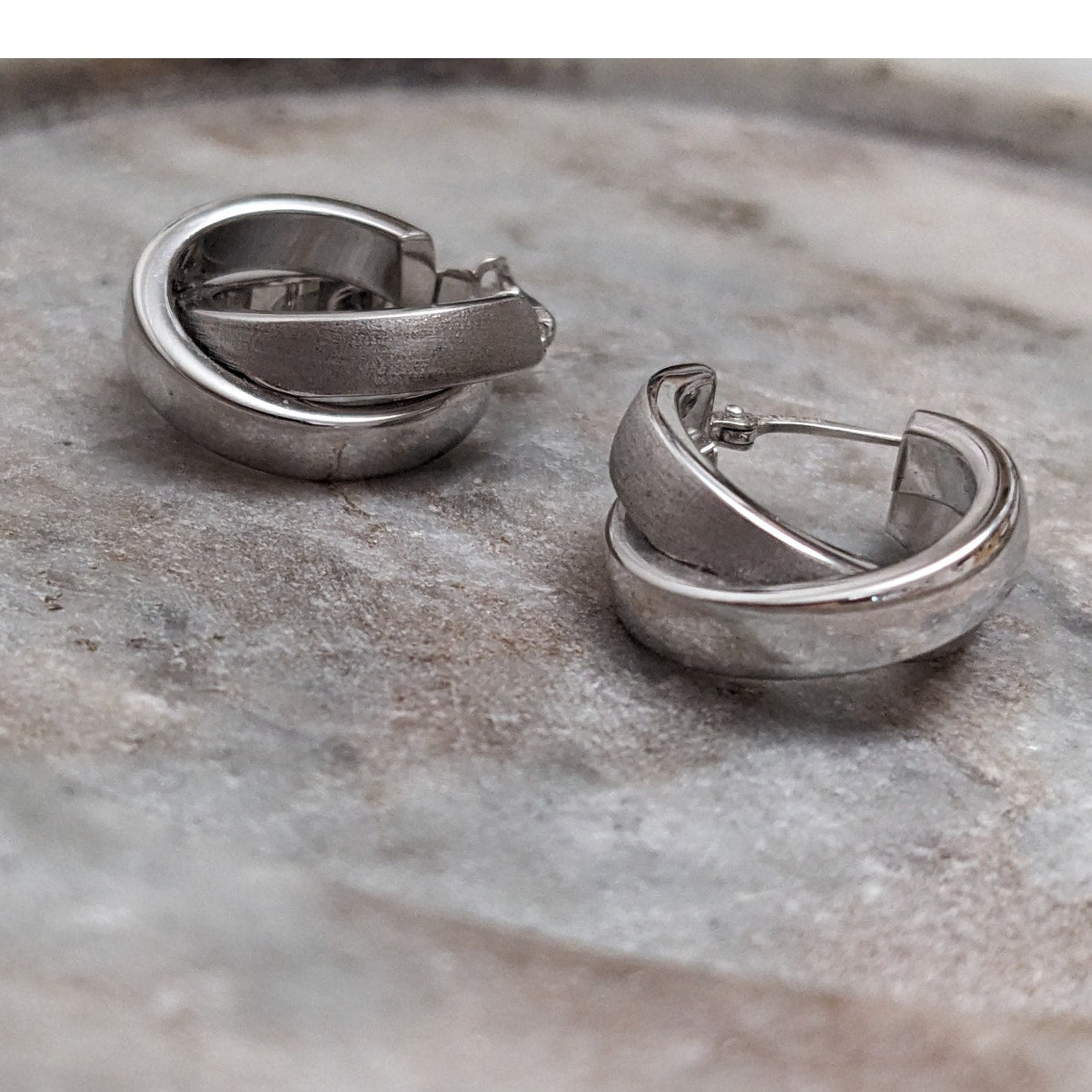 Vintage 14k White Gold Criss Cross Hoop Earrings