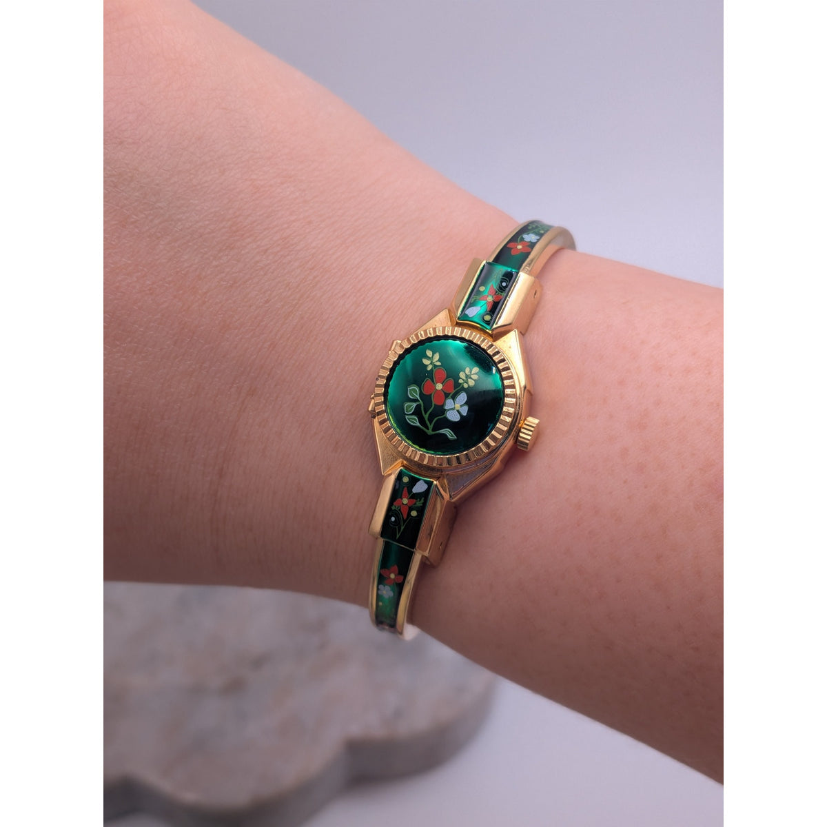 Vintage R Miller Gold Tone Peekaboo Watch Green Enamel Red and Blue Flowers