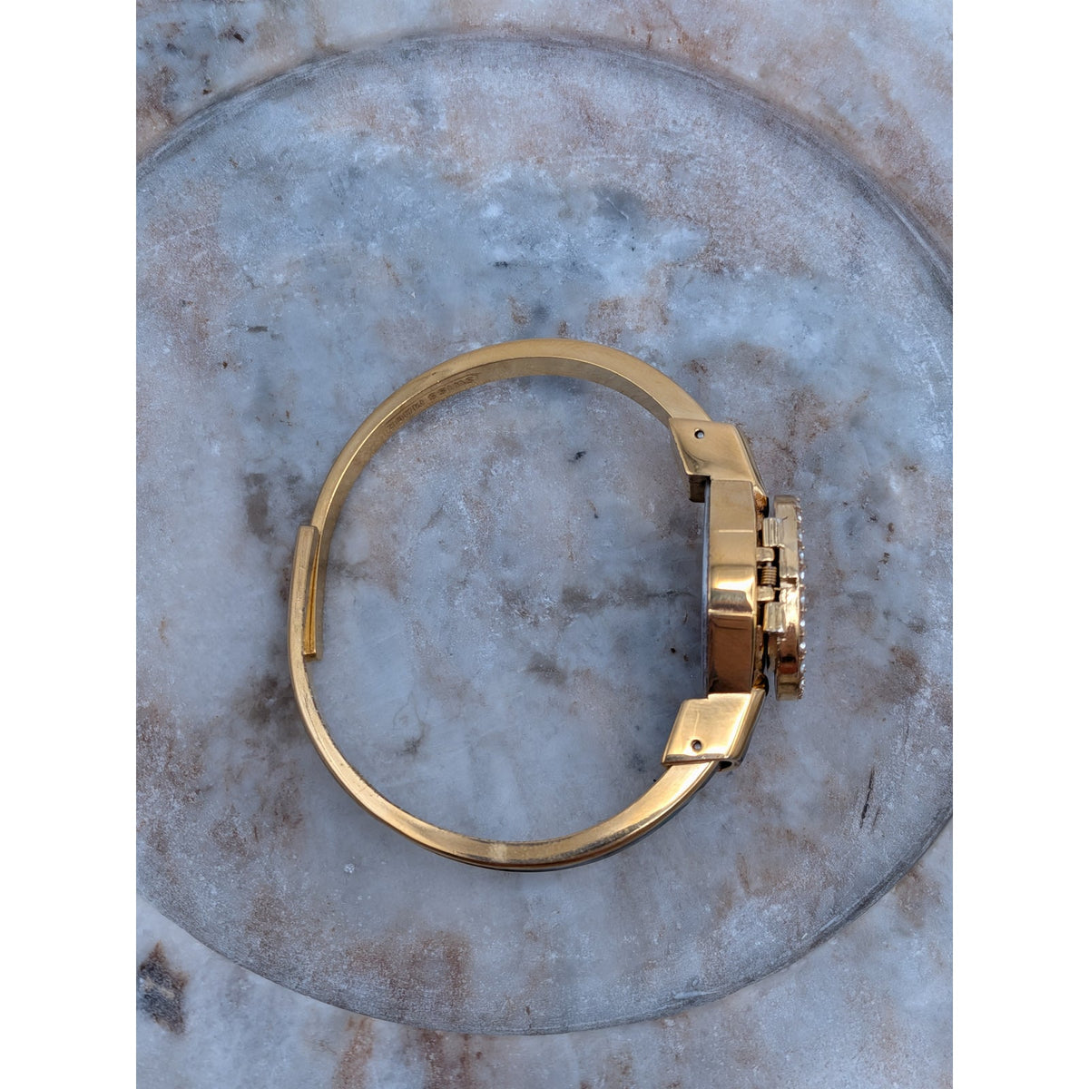 FLAW Vintage Andre Mouche Gold Tone Peekaboo Watch Green Orchid Theme