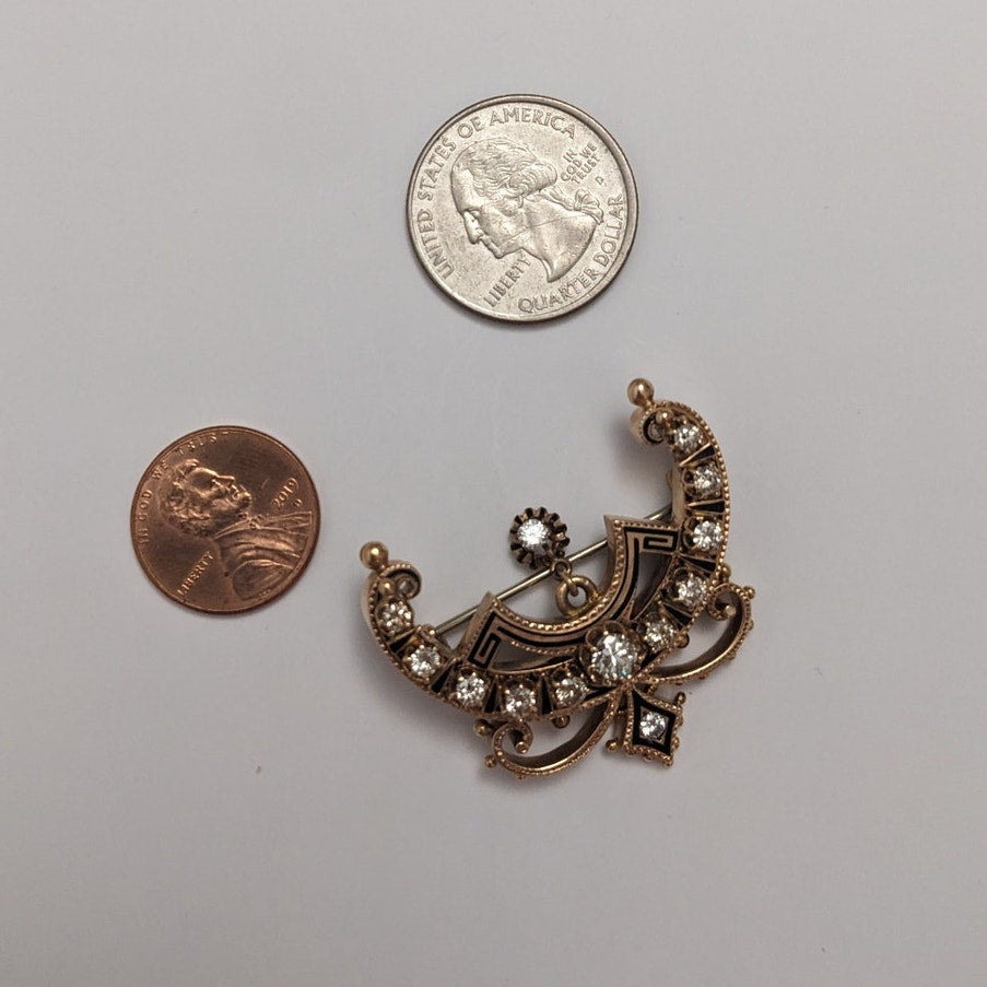 Antique Unmarked 14k Black Enamel & Diamond Crescent Moon Brooch