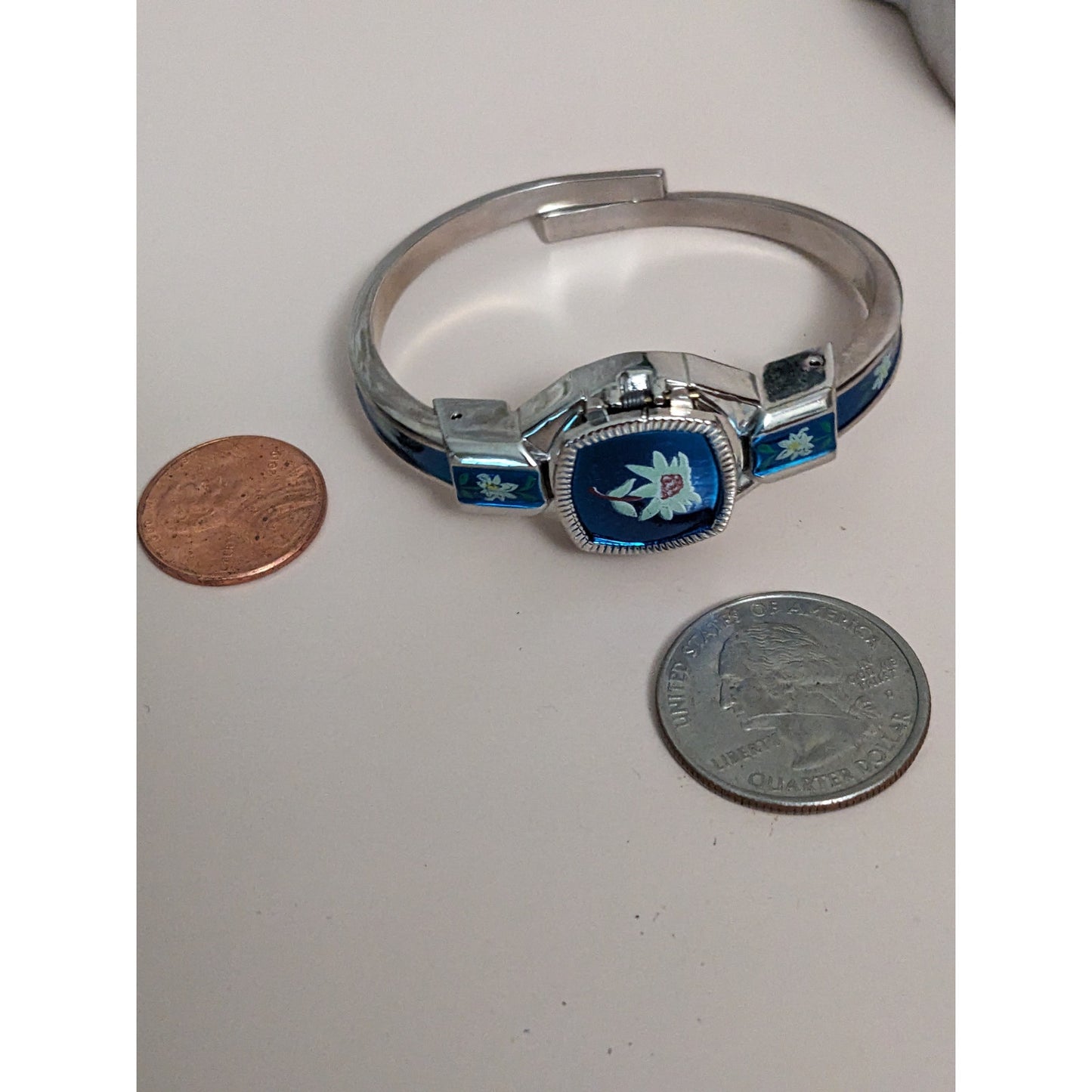 Vintage Andre Mouche Silver Tone Bangle Watch with Blue Floral Enamel Working