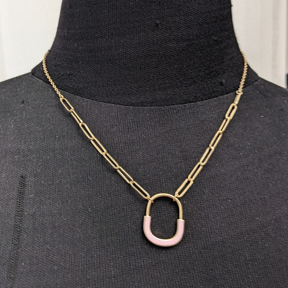 Preowned 14k Yellow Gold Paper Clip Chain Necklace Pink Enamel Pendant 18in