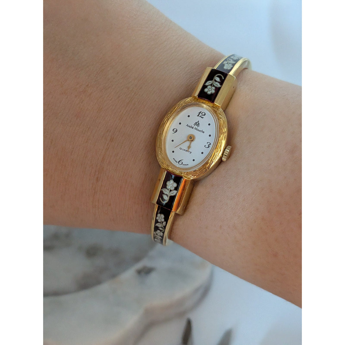 Vintage Andre Mouche Gold Tone Bangle Watch Reddish Brown Enamel White Flowers