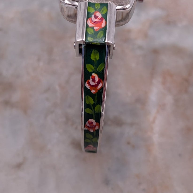 Vintage Chandler MANUAL Silver Tone Peekaboo Watch Dark Green Enamel & Flowers