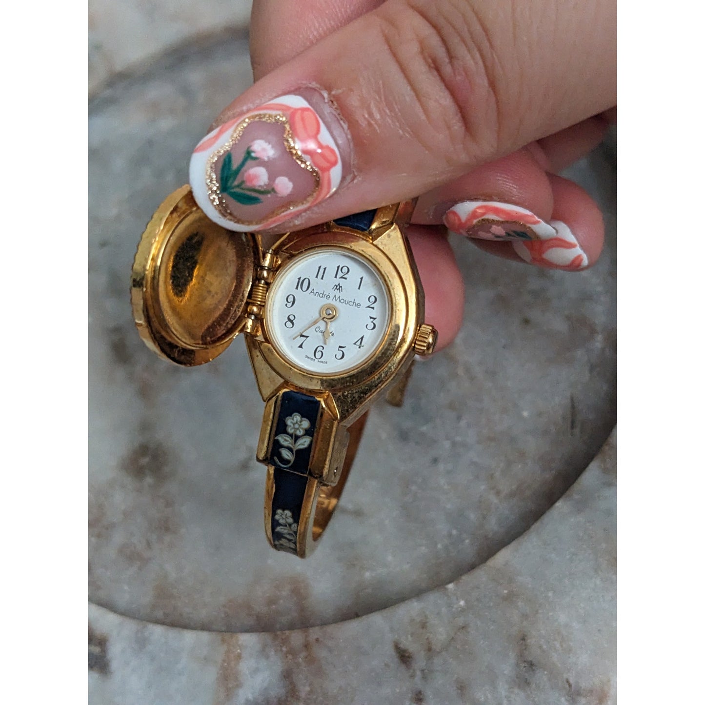 Vintage Andre Mouche Gold Tone Bangle Watch with Deep Blue Floral Enamel Working