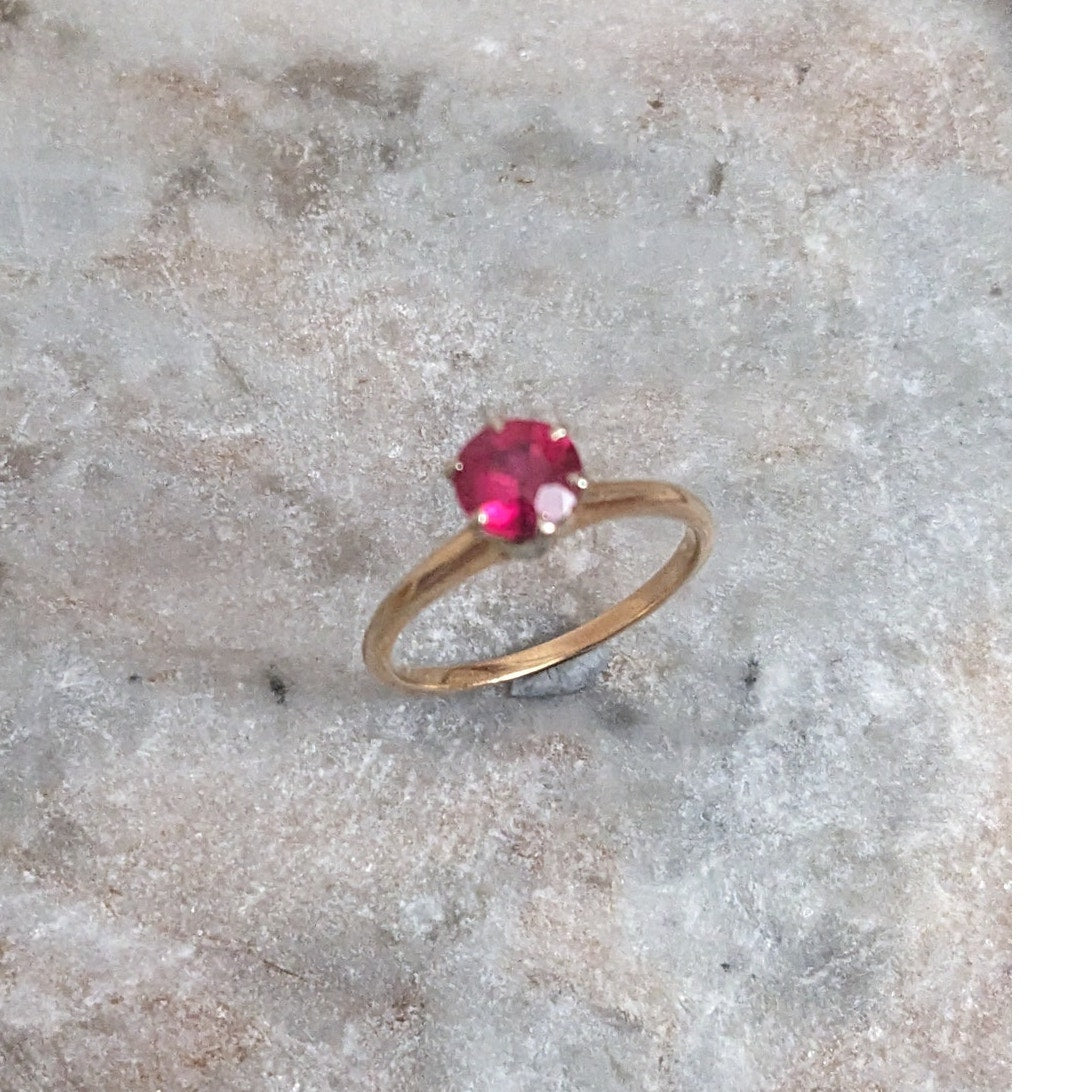Vintage 14k Yellow Gold Bang Ring Solitaire Lab Ruby Size 6