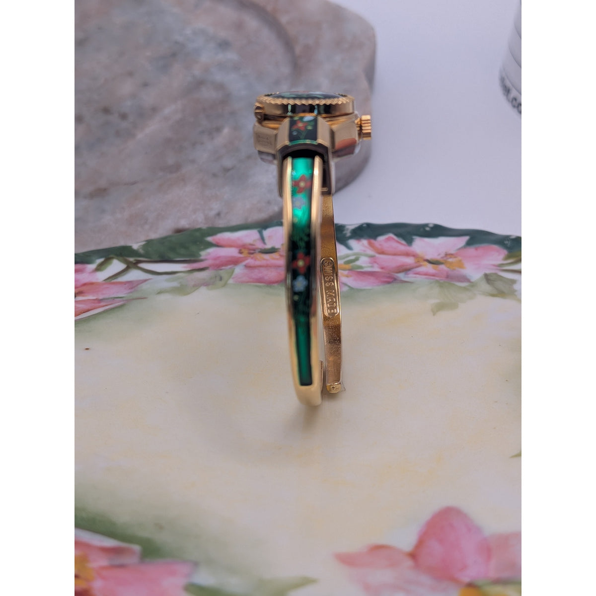 Vintage R Miller Gold Tone Peekaboo Watch Green Enamel Red and Blue Flowers
