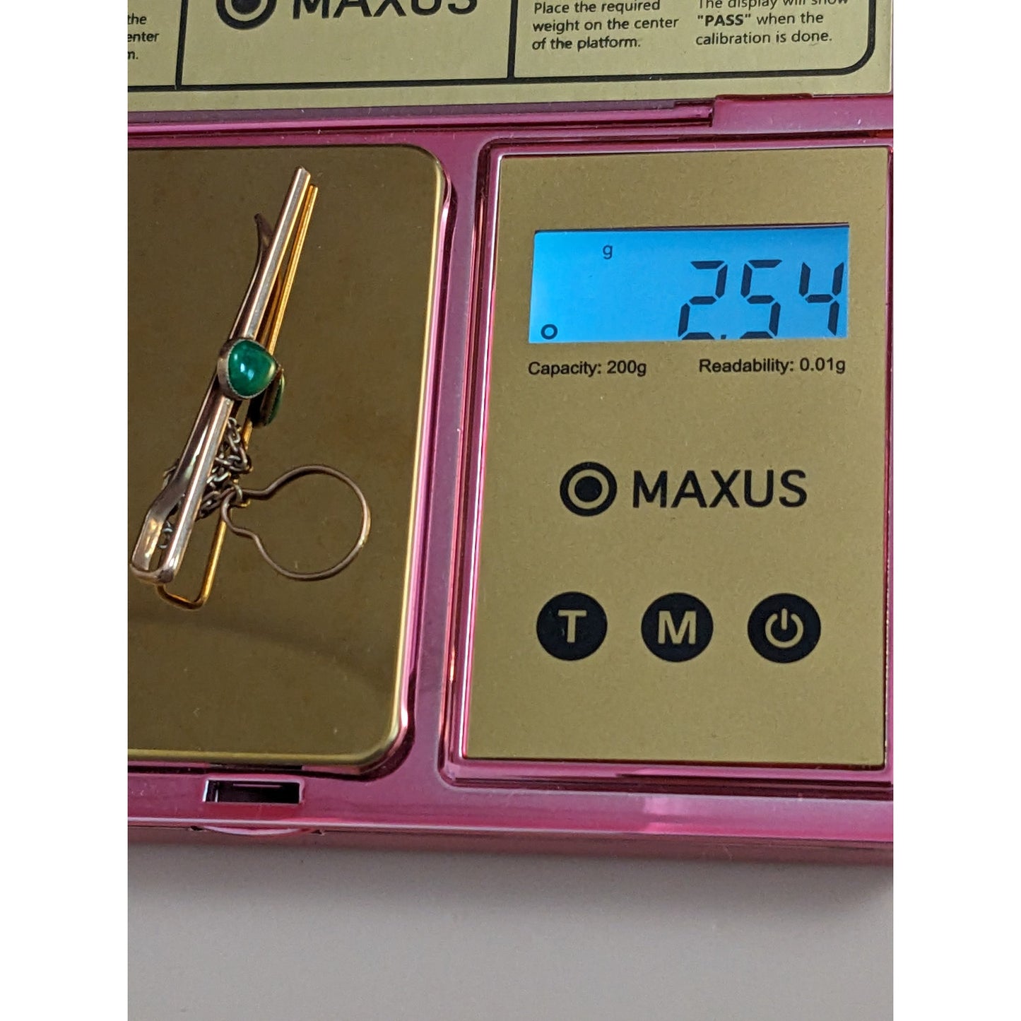 Vintage Unmarked 10k Rose Gold Tie Bar with Green Teardrop Gem