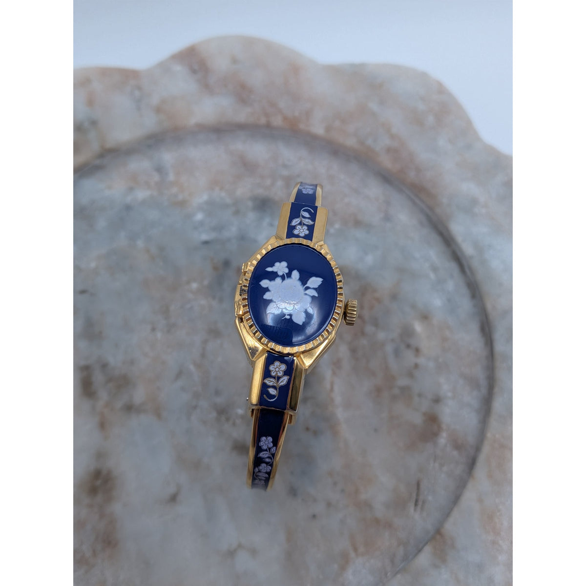 Vintage Andre Mouche Gold Tone Peekaboo Watch Dark Blue Enamel White Flowers