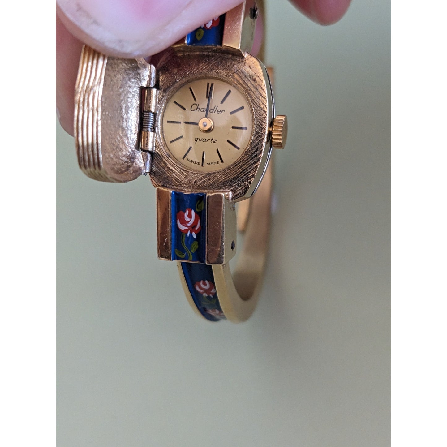 Vintage Chandler Gold Tone Metal with Blue Enamel Floral Watch