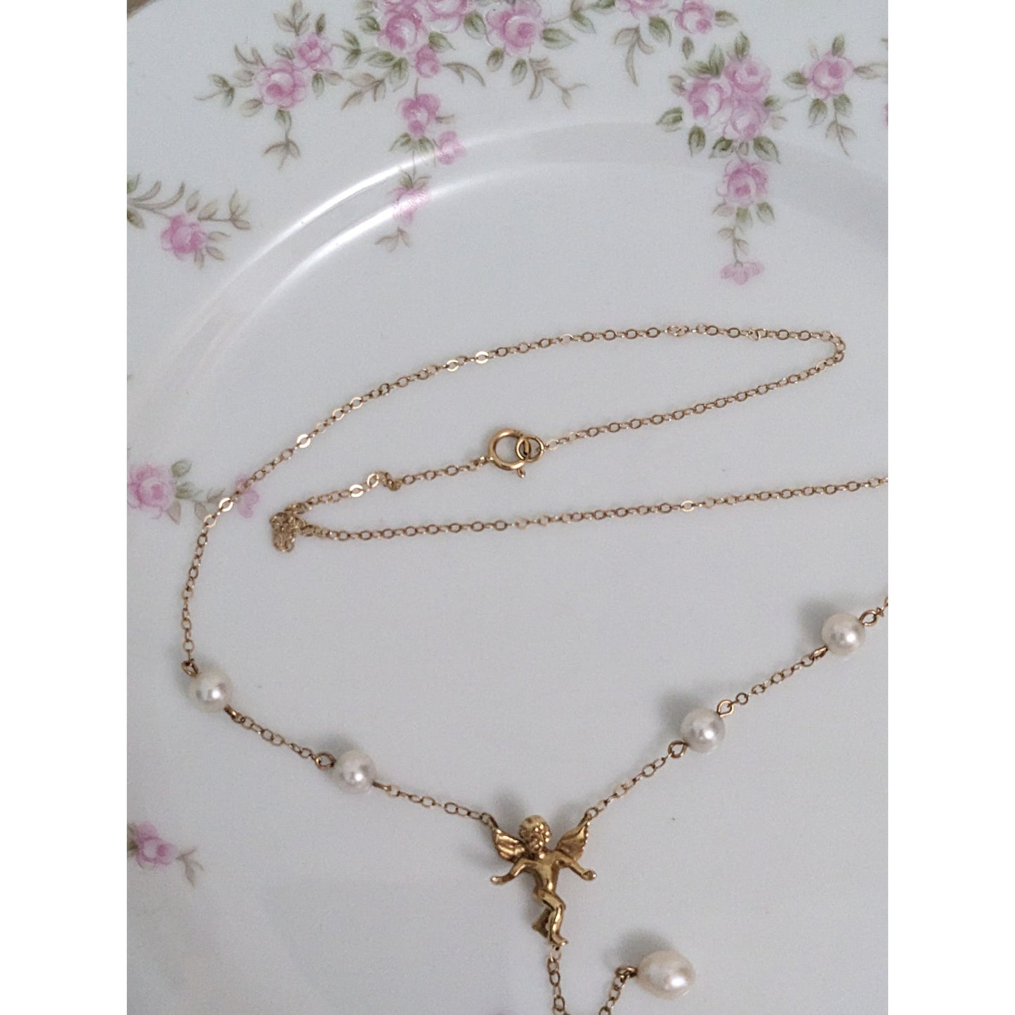 Vintage 14k Dainty Pearl and Chain Necklace with Dangling Cherub Angel 16.5in