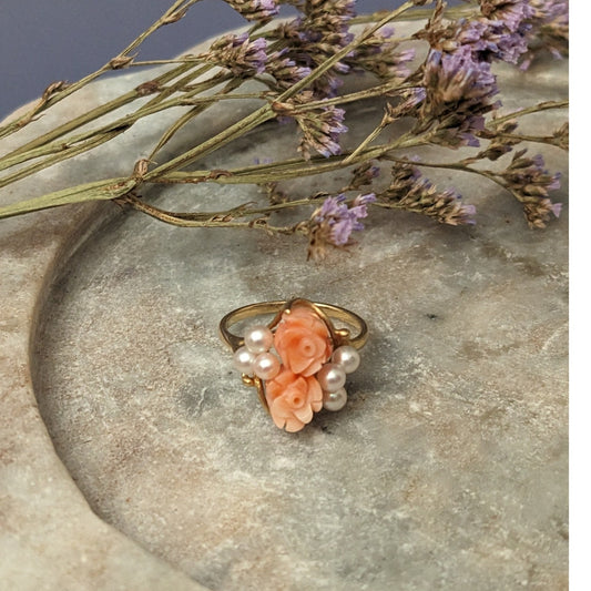 Vintage 14k Yellow Gold Coral Rose Carved Florals and Pearl Ring 6US