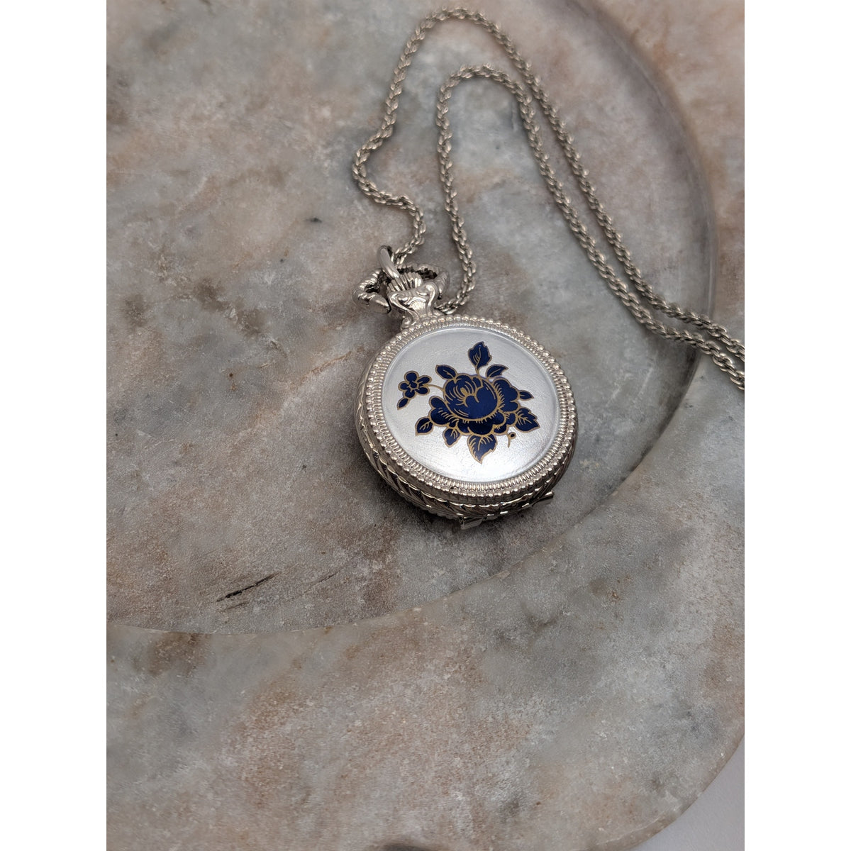 Vintage Andre Mouche Silver Tone Pendant Watch Necklace Grey Enamel Blue Flowers