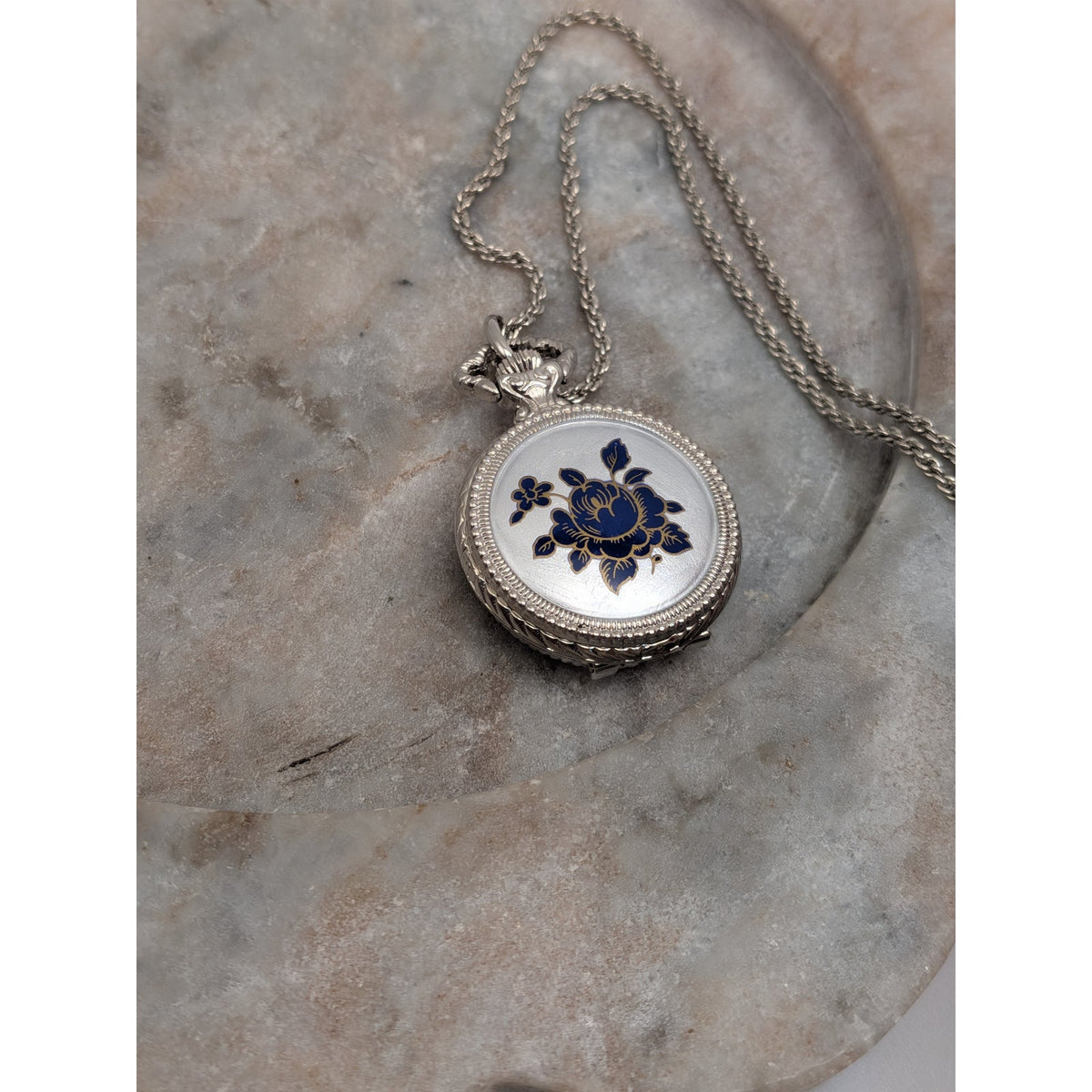 Vintage Andre Mouche Silver Tone Pendant Watch Necklace Grey Enamel Blue Flowers