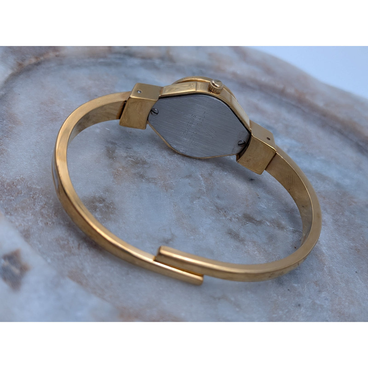 Andre Mouche Gold Tone Bangle Peekaboo Watch White Enamel Deep Blue Flowers
