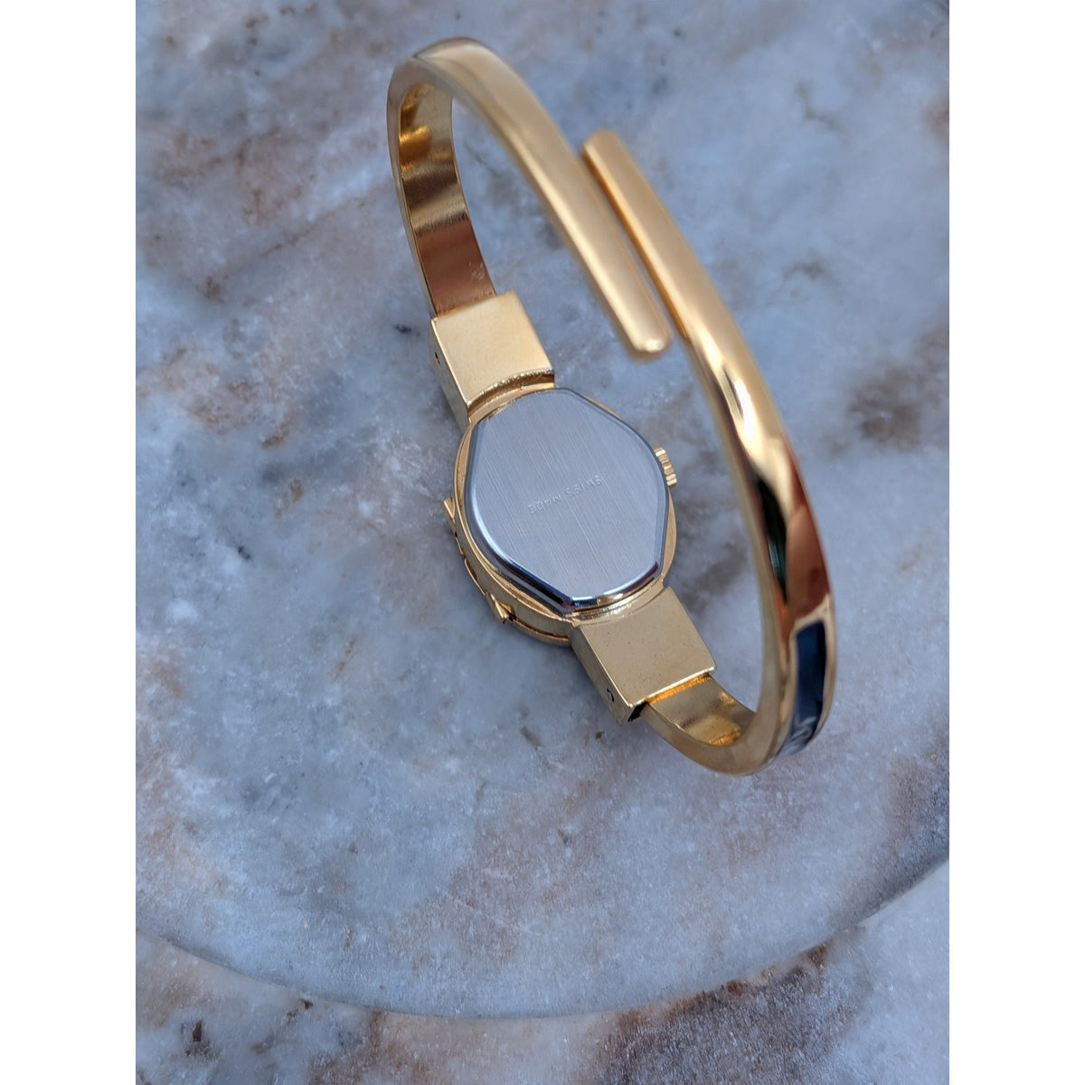 Vintage Andre Mouche Gold Tone Peekaboo Watch Blue Enamel White Flowers & Stones