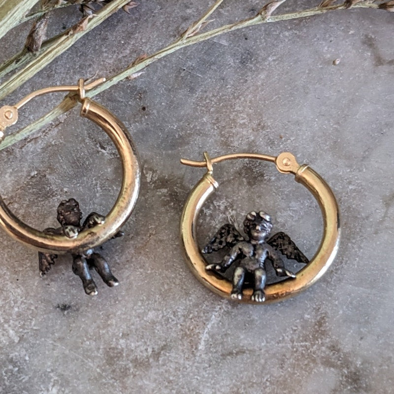 Vintage 14K Yellow Gold Hoop Earrings Seated/Dangling 925 Angels Lever-backs