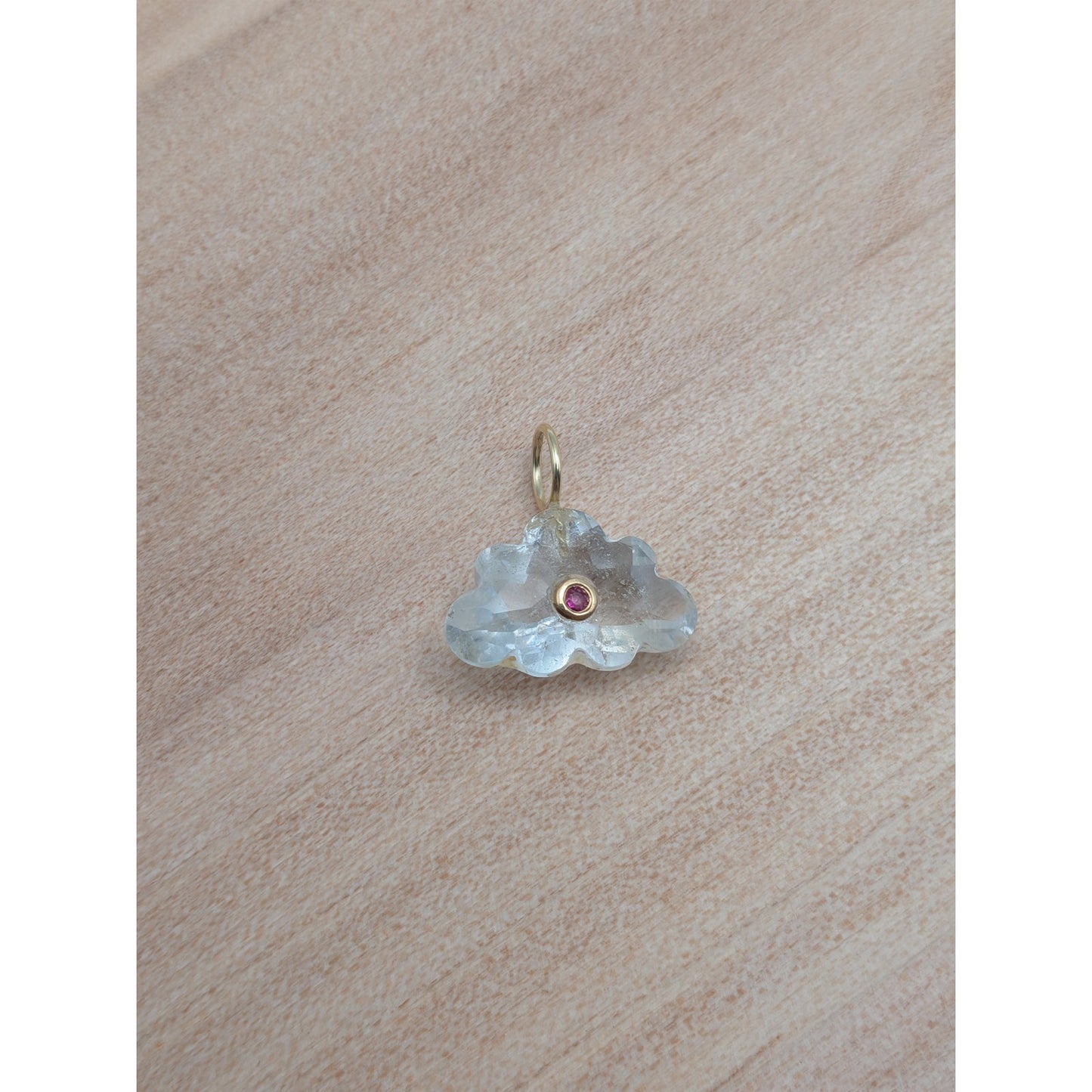 14K Gold Blue Topaz Cloud Pendant Natural Ruby Inlay Carved Gemstone
