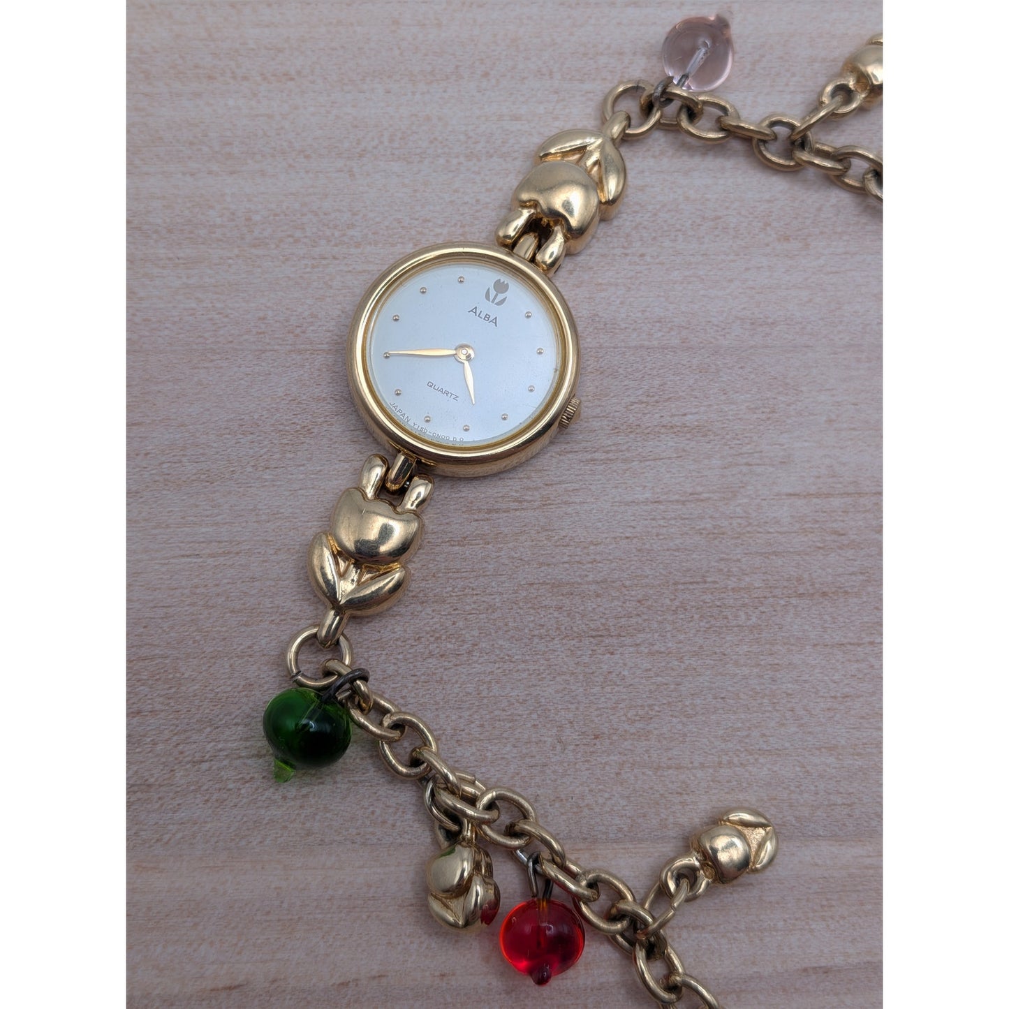 Vintage Modified Seiko Alba Gold Watch Flowers & Glass Drop Beads Charms