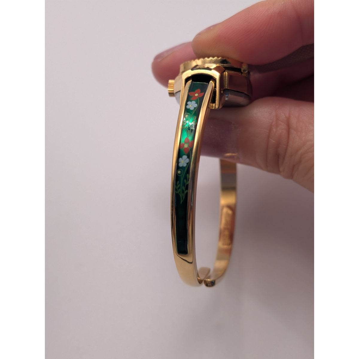 Vintage R Miller Gold Tone Peekaboo Watch Green Enamel Red and Blue Flowers
