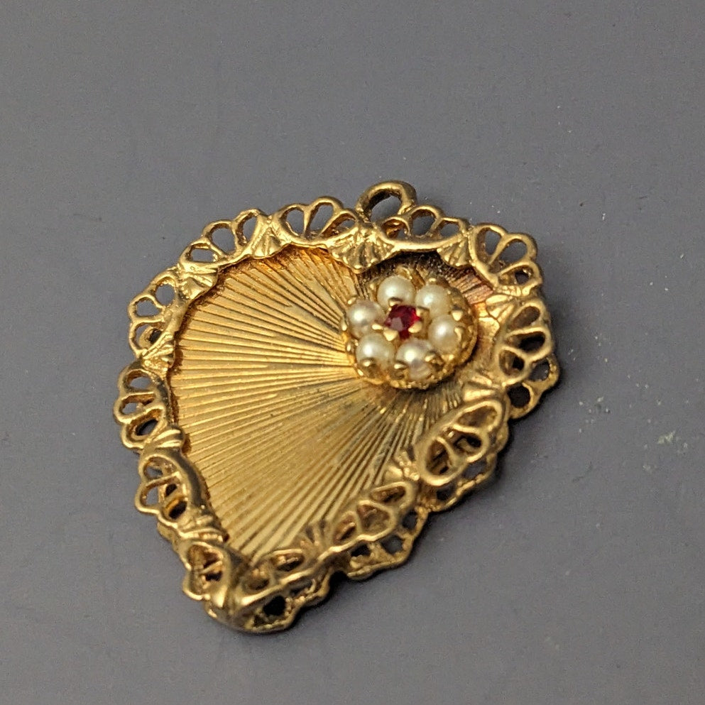 Vintage 14k Solid Yellow Gold with Pearls and Red Gem Flower Heart Pendant