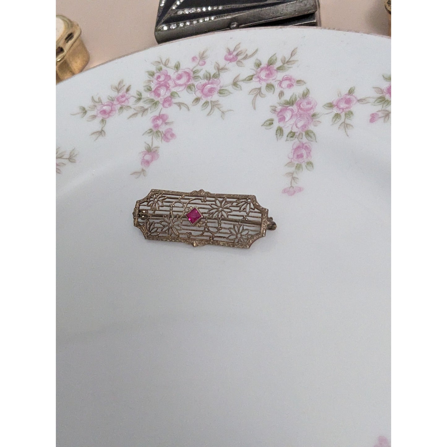 Art Deco 10k White Gold Pink Gem with Floral Filigree Design Brooch