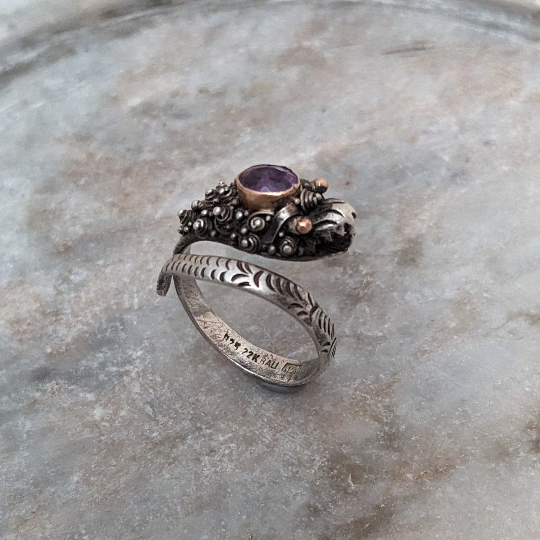 Vintage 925 Sterling Silver and 22k Gold Accent Dragon Amethyst Ring Size 6