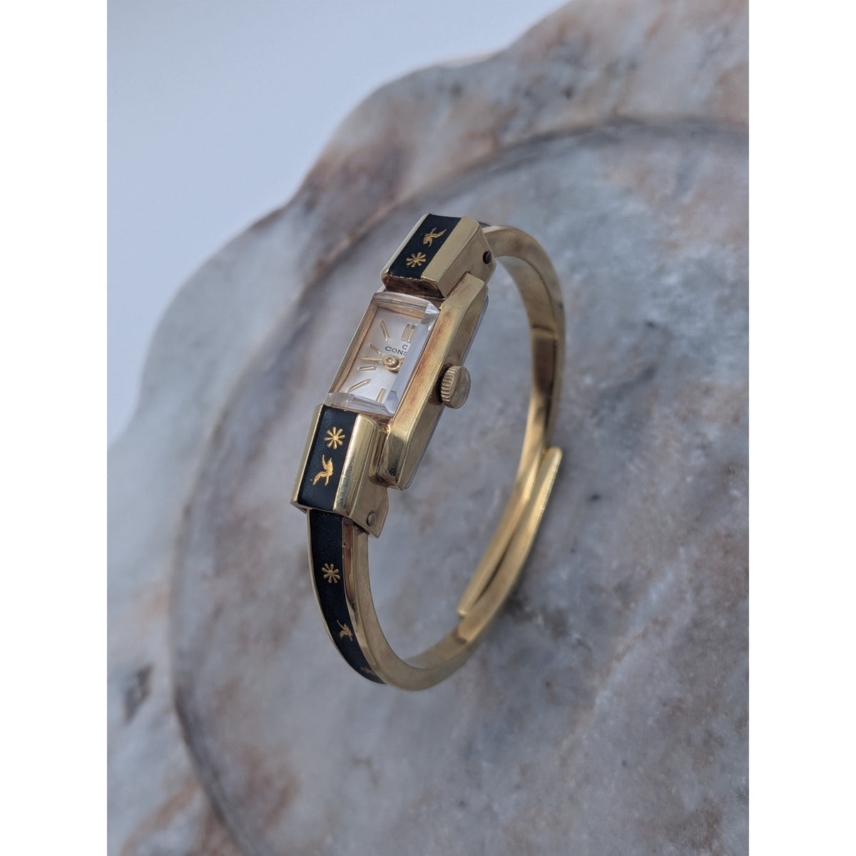 Vintage Consul Gold Tone Watch Matte Black Enamel Bird and Flower Accents