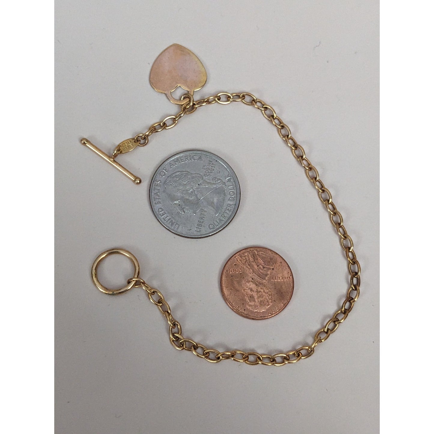 Vintage 14k Yellow Gold Oval Chain Link Toggle Bracelet with Heart Charm 7.25in