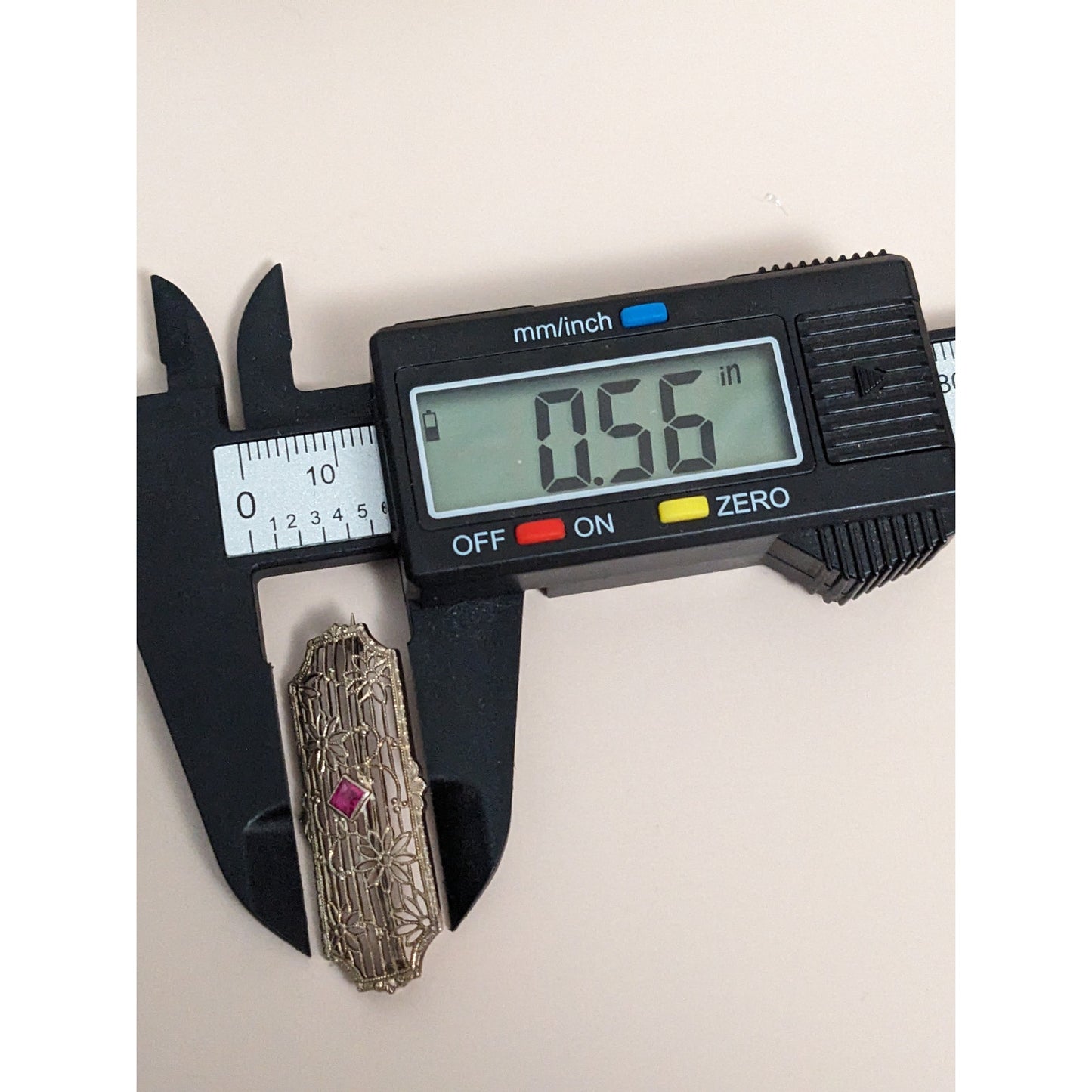 Art Deco 10k White Gold Pink Gem with Floral Filigree Design Brooch